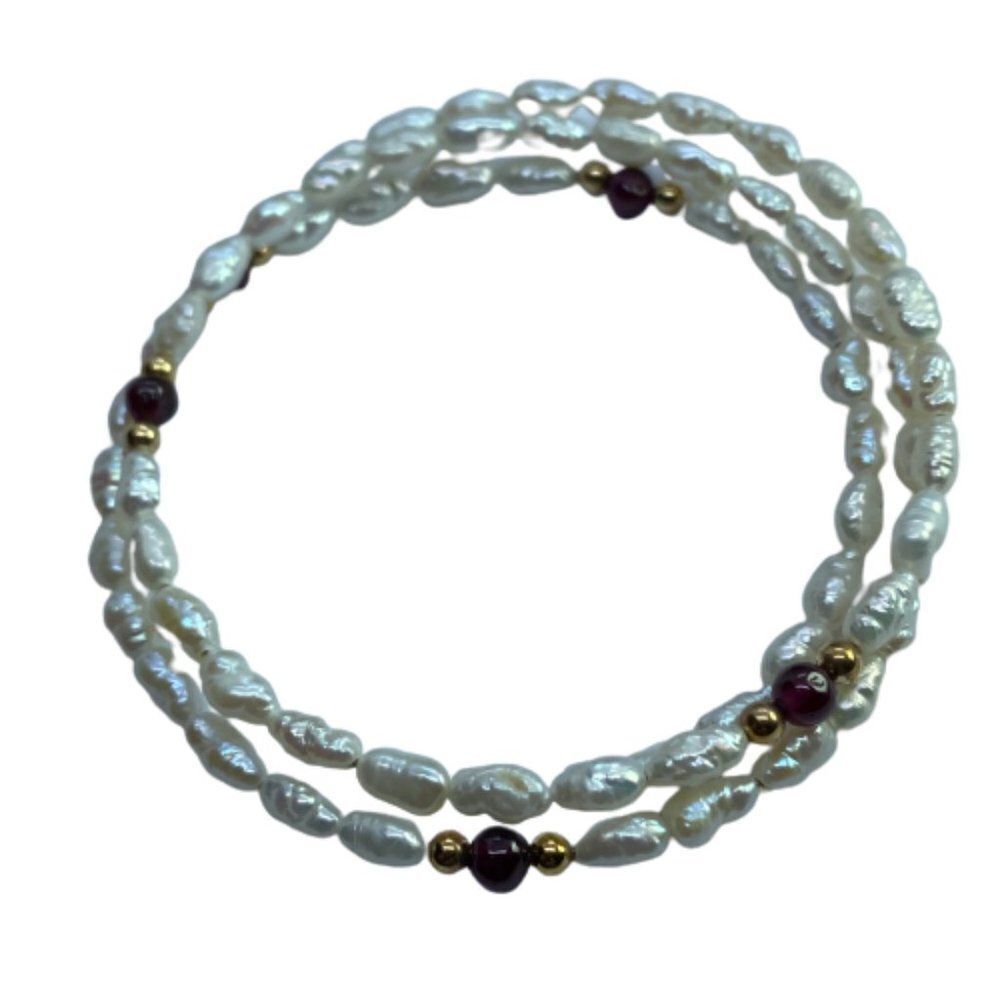 Elegant Slinky Style Rice Pearl, Garnet & 14K Gold Bead Bracelet